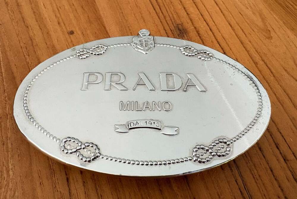 Prada Silver-Tone Oval Milano Dal 1913 Logo Belt Buckle